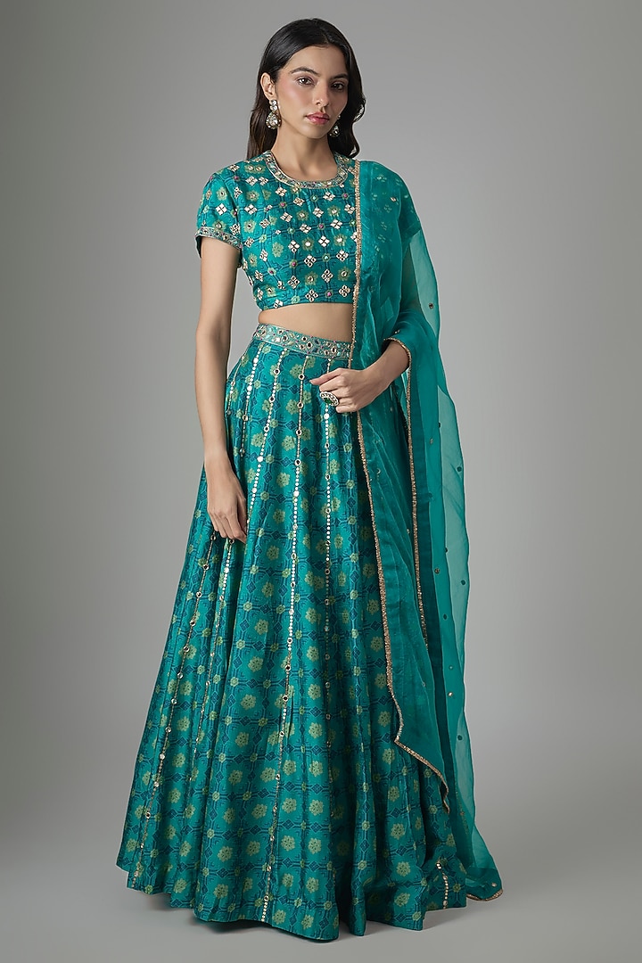 Blue Dupion Silk Phulkari Printed & Hand Embroidered Wedding Lehenga Set by Drishti & Zahabia at Pernia's Pop Up Shop