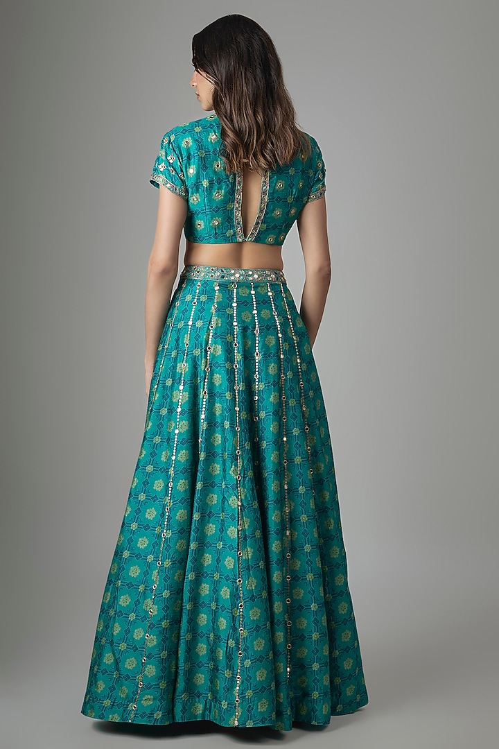 Blue Dupion Silk Phulkari Printed & Hand Embroidered Wedding Lehenga Set by Drishti & Zahabia at Pernia's Pop Up Shop
