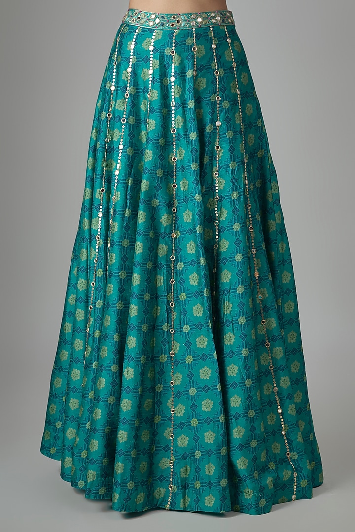 Blue Dupion Silk Phulkari Printed & Hand Embroidered Wedding Lehenga Set by Drishti & Zahabia at Pernia's Pop Up Shop