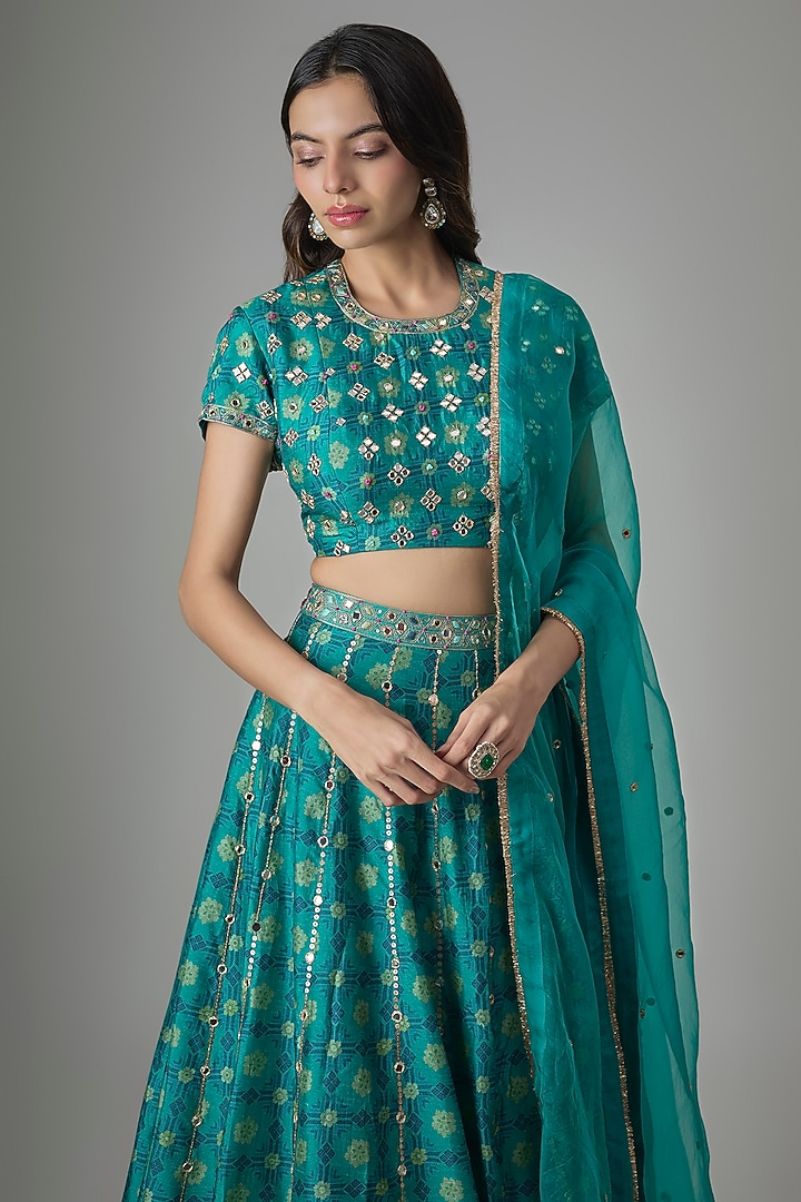 Blue Dupion Silk Phulkari Printed & Hand Embroidered Wedding Lehenga Set by Drishti & Zahabia at Pernia's Pop Up Shop