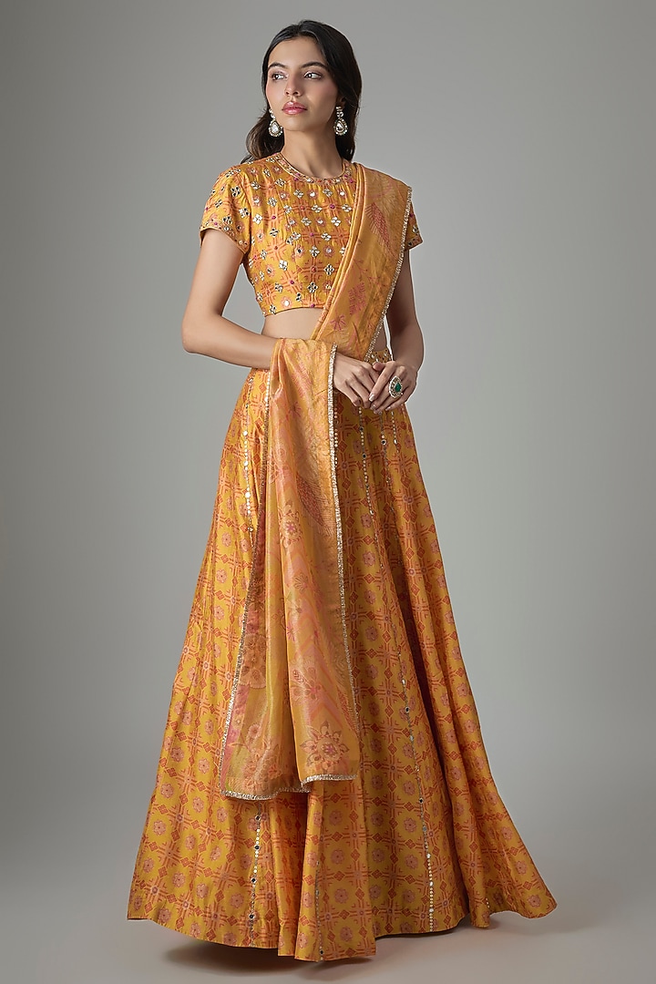 Yellow Dupion Silk Phulkari Printed & Hand Embroidered Wedding Lehenga Set by Drishti & Zahabia at Pernia's Pop Up Shop