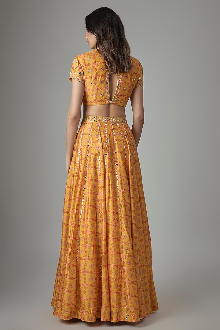 Yellow Dupion Silk Phulkari Printed & Hand Embroidered Wedding Lehenga Set by Drishti & Zahabia at Pernia's Pop Up Shop