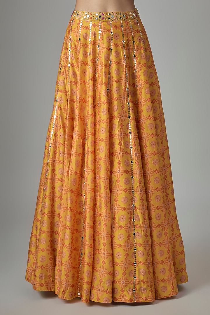 Yellow Dupion Silk Phulkari Printed & Hand Embroidered Wedding Lehenga Set by Drishti & Zahabia at Pernia's Pop Up Shop