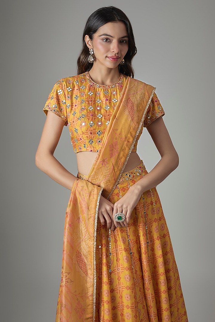 Yellow Dupion Silk Phulkari Printed & Hand Embroidered Wedding Lehenga Set by Drishti & Zahabia at Pernia's Pop Up Shop