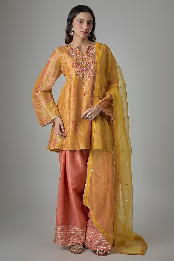 Yellow Tissue Phulkari Printed & Hand Embroidered Tunic Set by Drishti & Zahabia at Pernia's Pop Up Shop