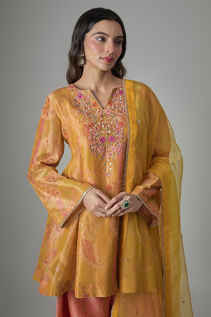 Yellow Tissue Phulkari Printed & Hand Embroidered Tunic Set by Drishti & Zahabia at Pernia's Pop Up Shop