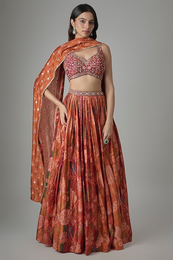 Rust Dupion Silk Phulkari Digital Printed Wedding Lehenga Set by Drishti & Zahabia at Pernia's Pop Up Shop