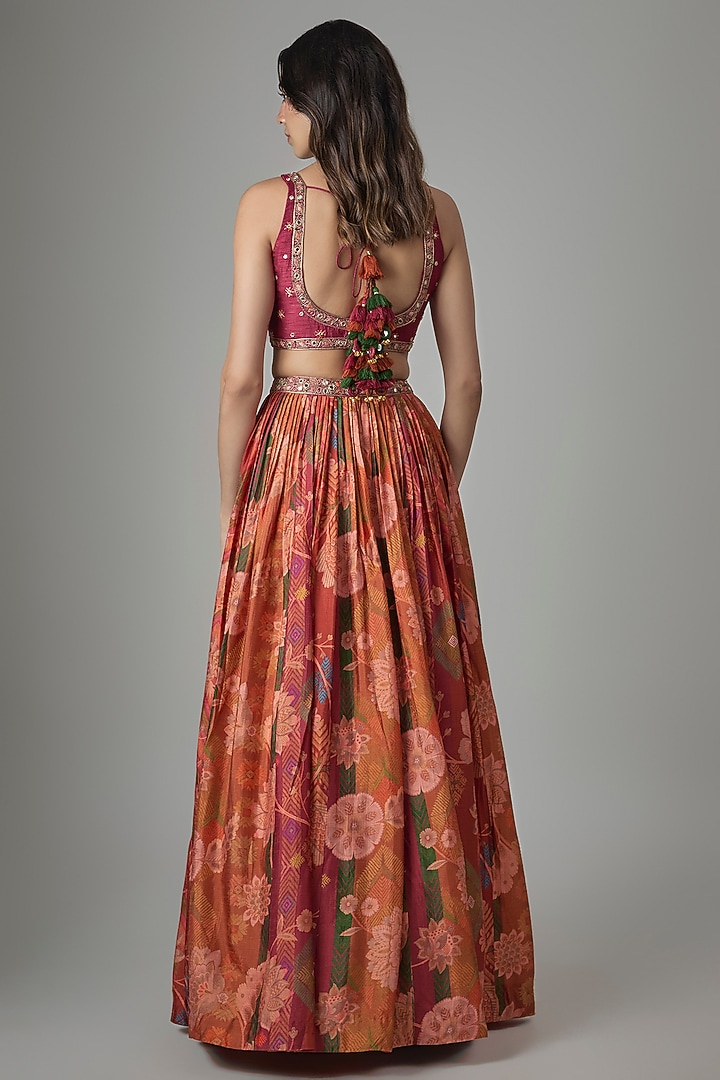 Rust Dupion Silk Phulkari Digital Printed Wedding Lehenga Set by Drishti & Zahabia at Pernia's Pop Up Shop