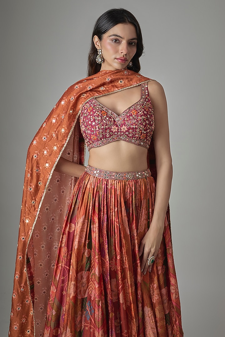 Rust Dupion Silk Phulkari Digital Printed Wedding Lehenga Set by Drishti & Zahabia at Pernia's Pop Up Shop