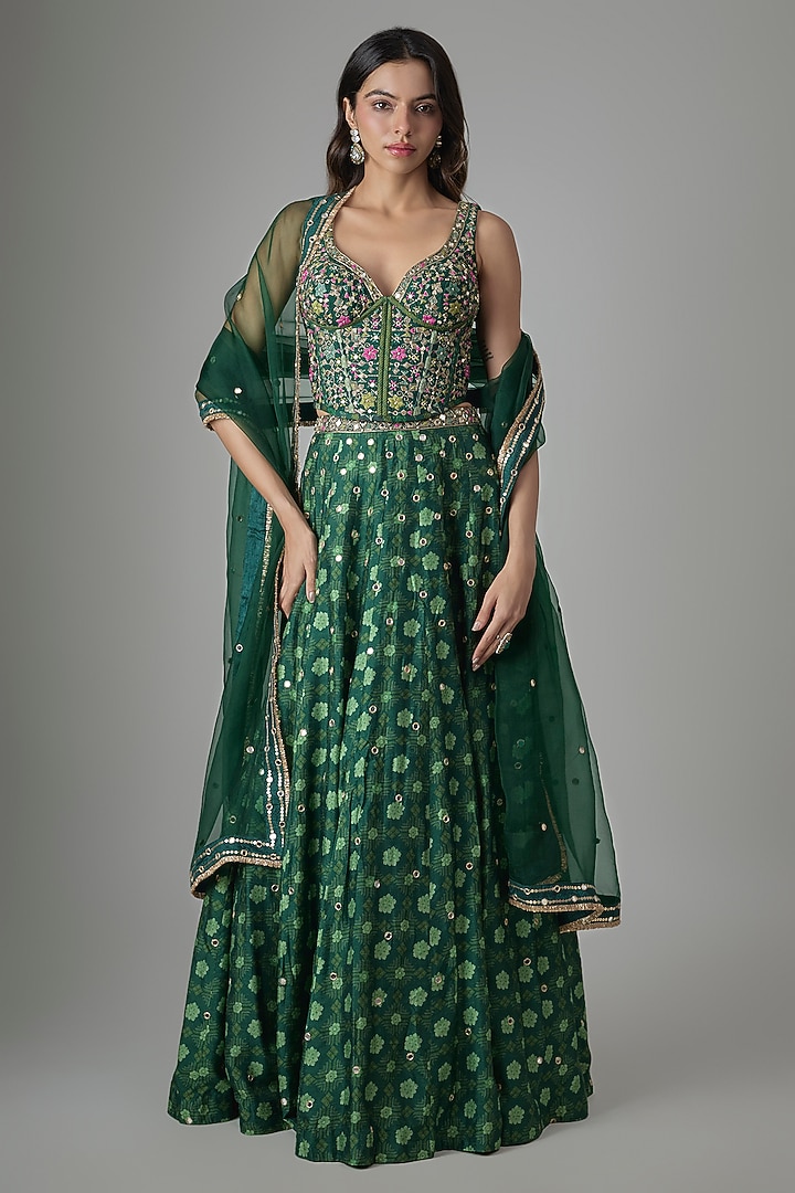 Green Dupion Silk Phulkari Printed Wedding Lehenga Set by Drishti & Zahabia at Pernia's Pop Up Shop