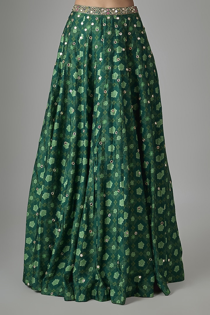 Green Dupion Silk Phulkari Printed Wedding Lehenga Set by Drishti & Zahabia at Pernia's Pop Up Shop