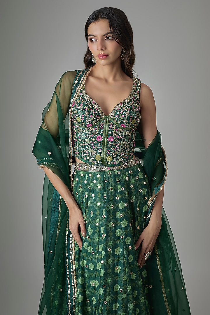 Green Dupion Silk Phulkari Printed Wedding Lehenga Set by Drishti & Zahabia at Pernia's Pop Up Shop
