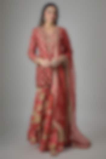 Red Dupion Silk Phulkari Printed Wedding Sharara Set by Drishti & Zahabia at Pernia's Pop Up Shop