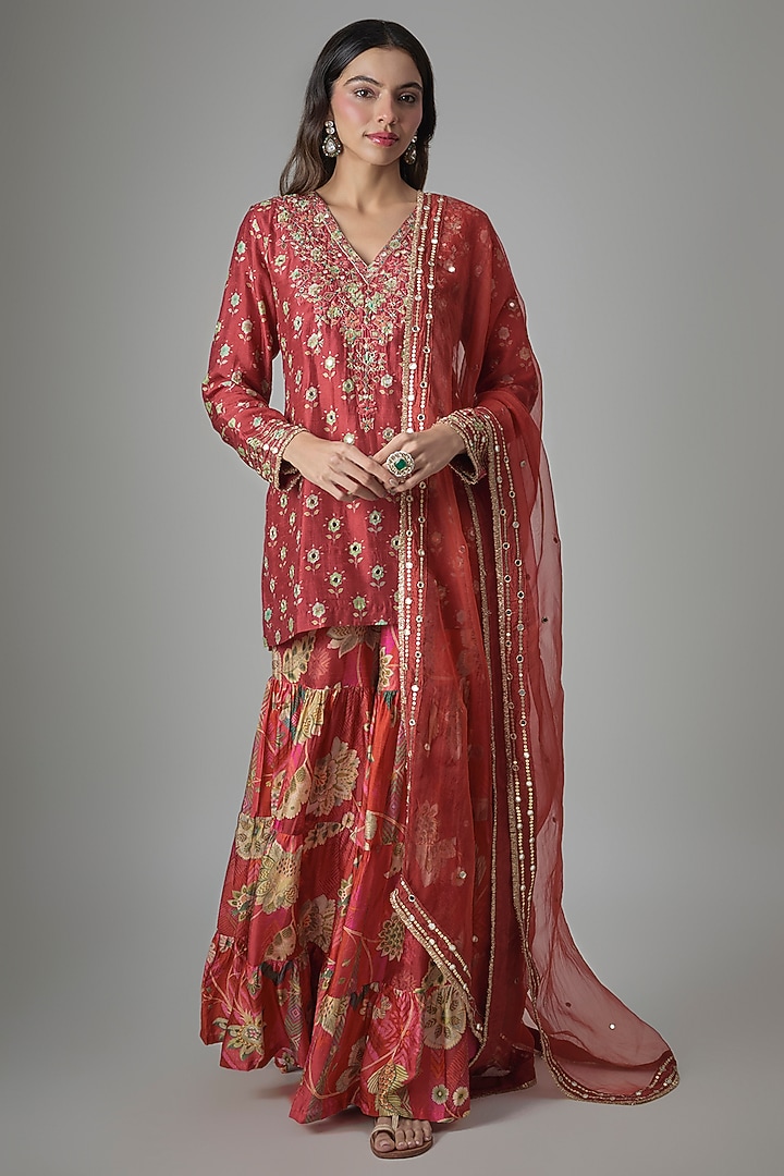 Red Dupion Silk Phulkari Printed Wedding Sharara Set by Drishti & Zahabia at Pernia's Pop Up Shop