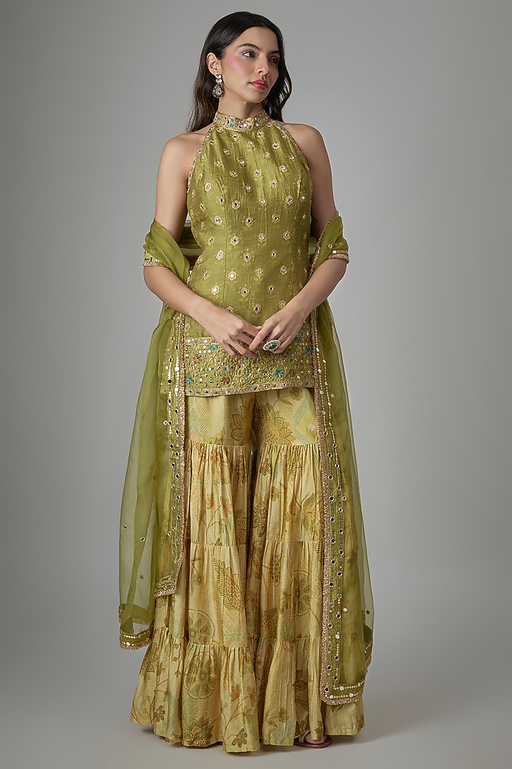 Green Dupion Silk Phulkari Printed Wedding Sharara Set by Drishti & Zahabia at Pernia's Pop Up Shop