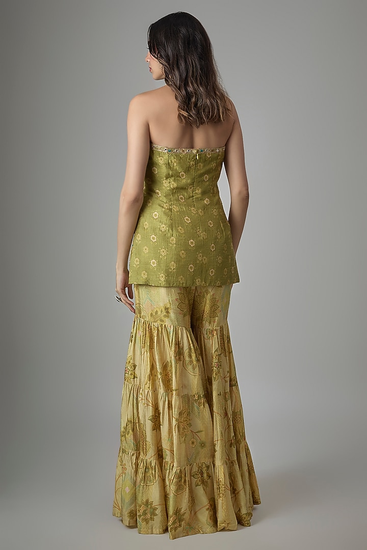 Green Dupion Silk Phulkari Printed Wedding Sharara Set by Drishti & Zahabia at Pernia's Pop Up Shop