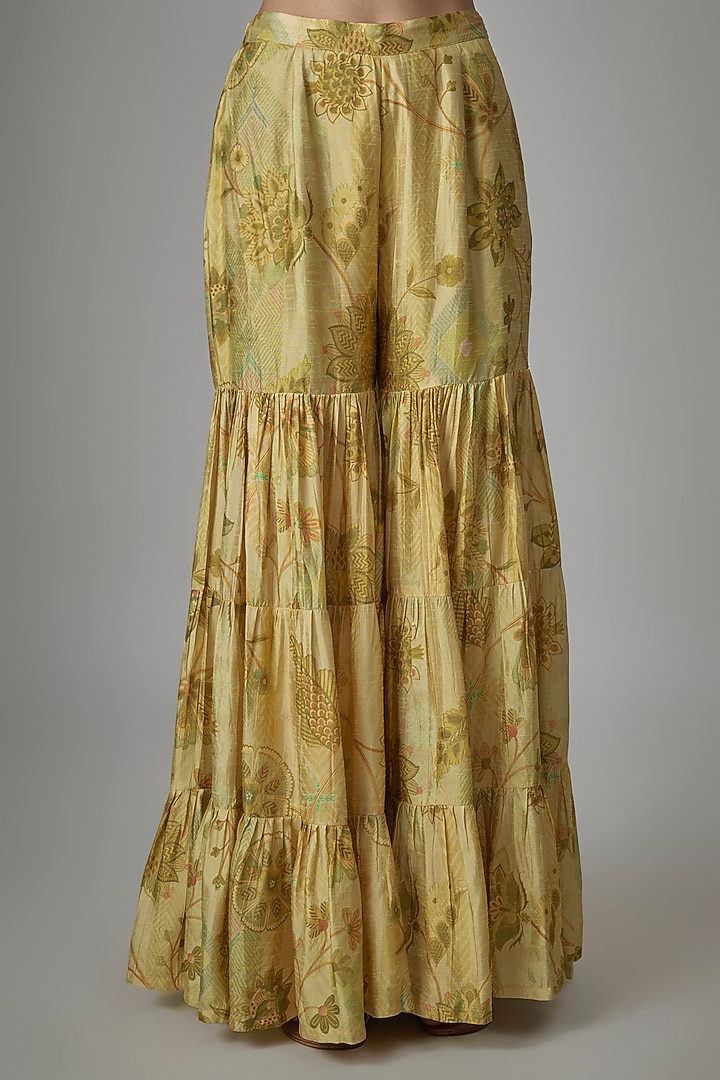 Green Dupion Silk Phulkari Printed Wedding Sharara Set by Drishti & Zahabia at Pernia's Pop Up Shop