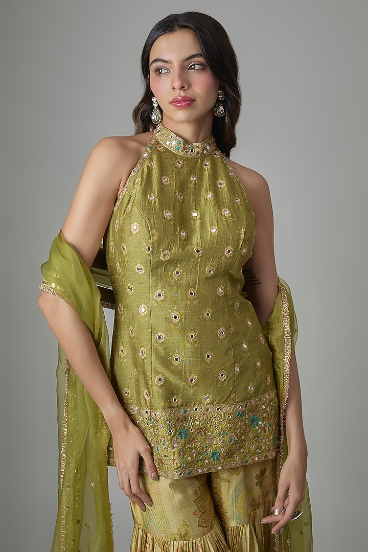 Green Dupion Silk Phulkari Printed Wedding Sharara Set by Drishti & Zahabia at Pernia's Pop Up Shop