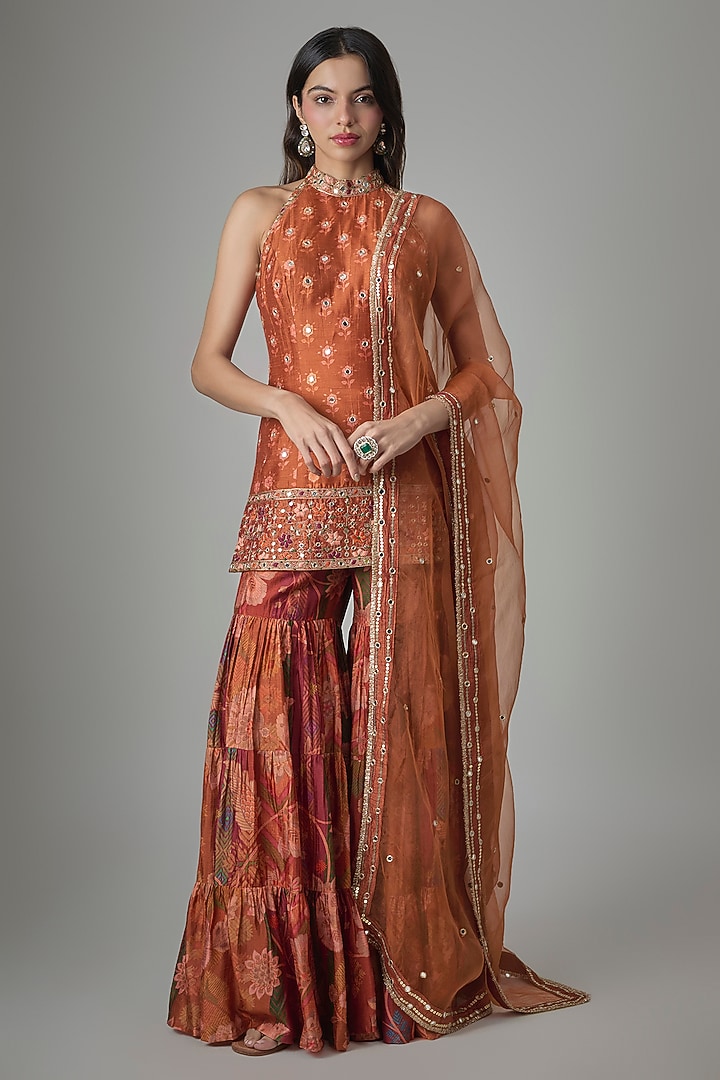 Rust Dupion Silk Phulkari Printed Wedding Sharara Set by Drishti & Zahabia at Pernia's Pop Up Shop
