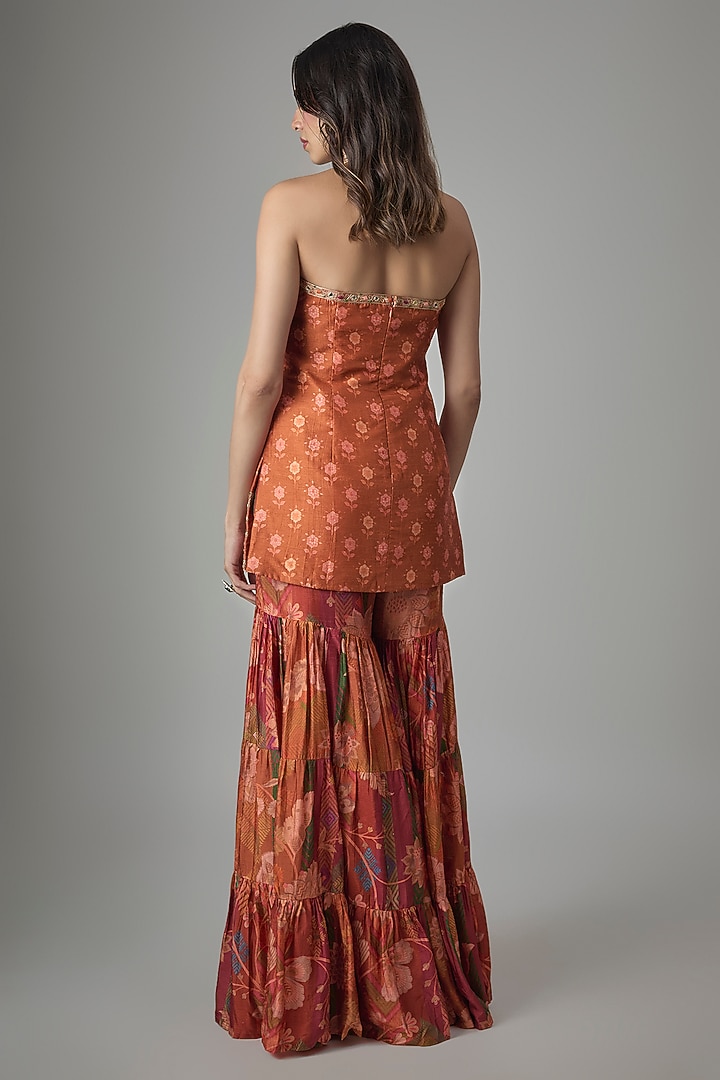 Rust Dupion Silk Phulkari Printed Wedding Sharara Set by Drishti & Zahabia at Pernia's Pop Up Shop