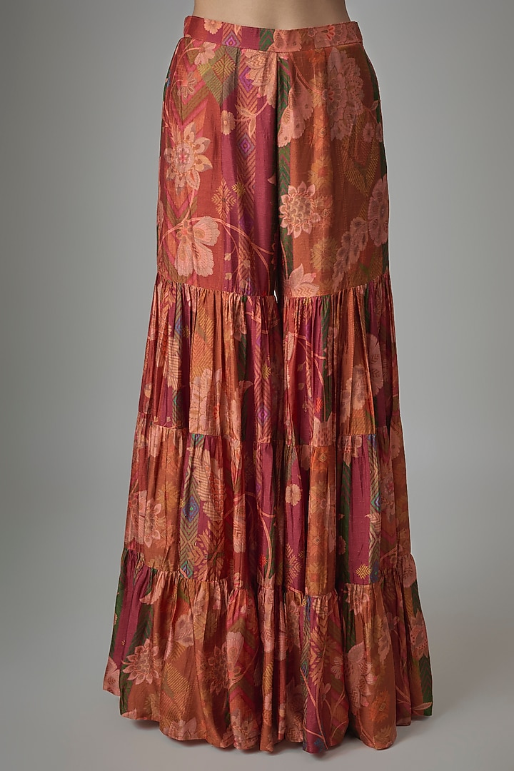 Rust Dupion Silk Phulkari Printed Wedding Sharara Set by Drishti & Zahabia at Pernia's Pop Up Shop