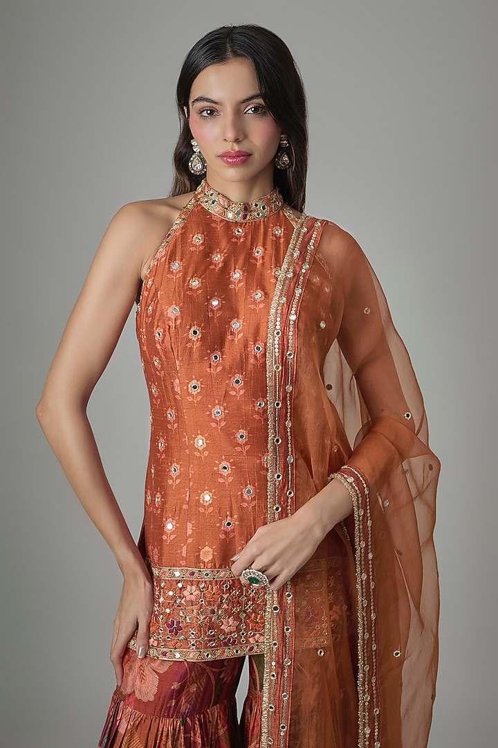 Rust Dupion Silk Phulkari Printed Wedding Sharara Set by Drishti & Zahabia at Pernia's Pop Up Shop
