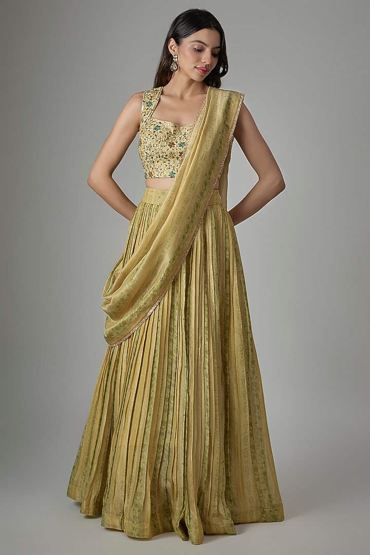 Green Dupion Silk Phulkari Printed & Hand Embroidered Wedding Lehenga Set by Drishti & Zahabia at Pernia's Pop Up Shop