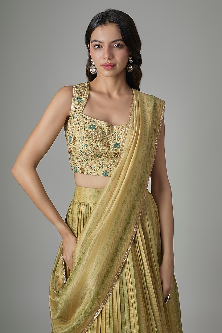 Green Dupion Silk Phulkari Printed & Hand Embroidered Wedding Lehenga Set by Drishti & Zahabia at Pernia's Pop Up Shop
