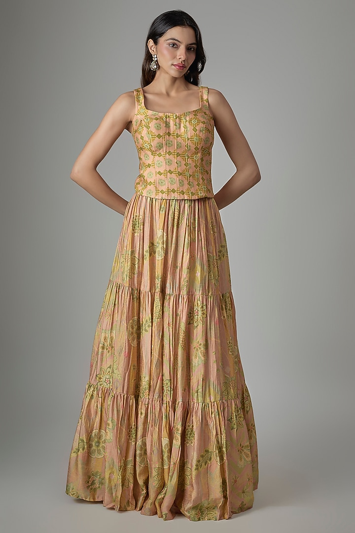 Beige Dupion Silk Phulkari Printed Lehenga Set by Drishti & Zahabia at Pernia's Pop Up Shop