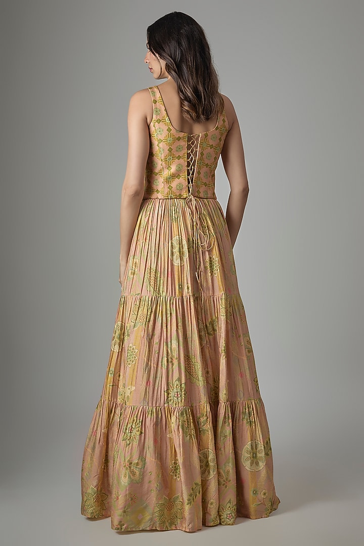 Beige Dupion Silk Phulkari Printed Lehenga Set by Drishti & Zahabia at Pernia's Pop Up Shop
