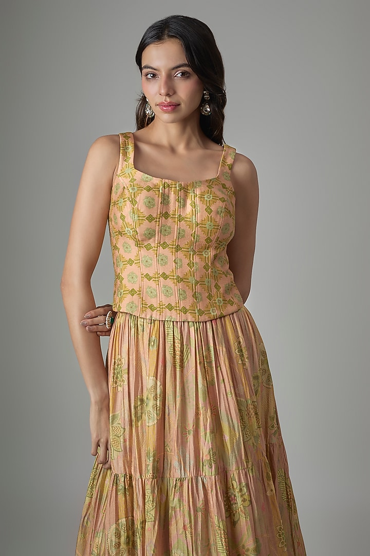 Beige Dupion Silk Phulkari Printed Lehenga Set by Drishti & Zahabia at Pernia's Pop Up Shop
