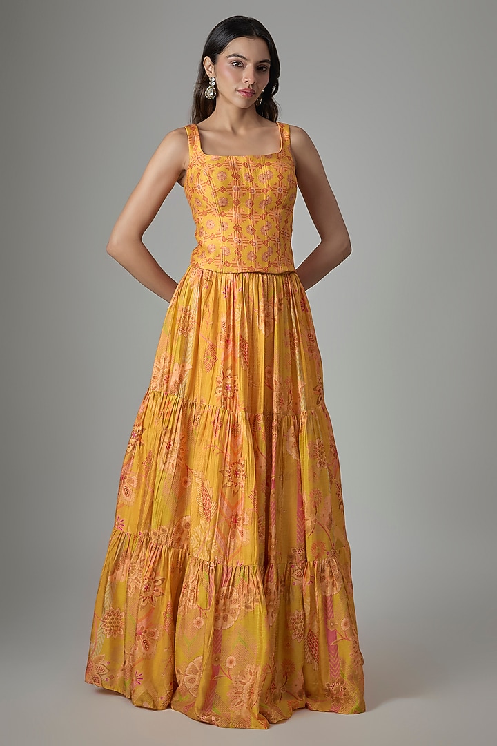 Yellow Dupion Silk Phulkari Printed Lehenga Set by Drishti & Zahabia at Pernia's Pop Up Shop