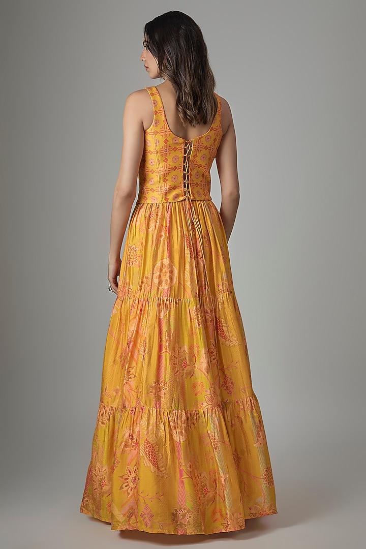 Yellow Dupion Silk Phulkari Printed Lehenga Set by Drishti & Zahabia at Pernia's Pop Up Shop