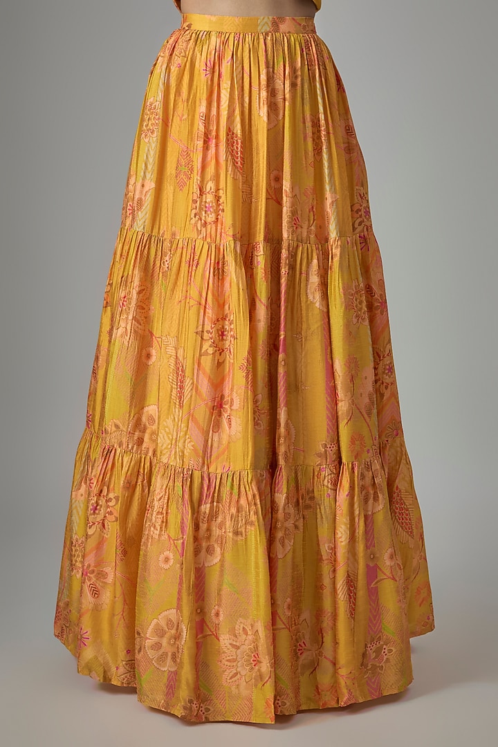 Yellow Dupion Silk Phulkari Printed Lehenga Set by Drishti & Zahabia at Pernia's Pop Up Shop