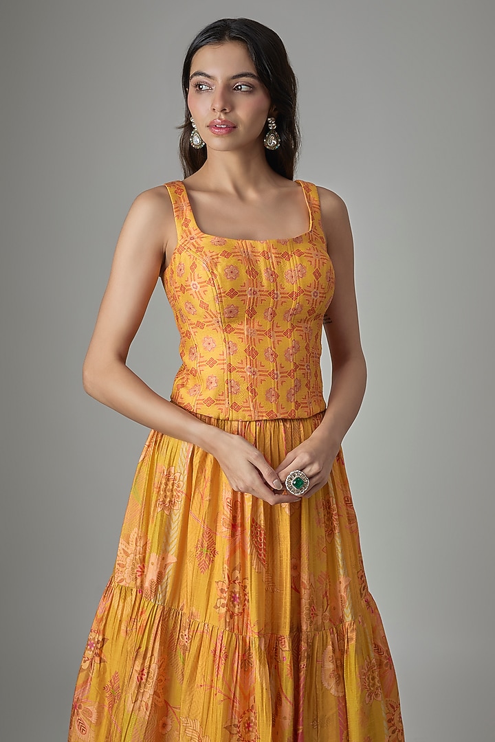 Yellow Dupion Silk Phulkari Printed Lehenga Set by Drishti & Zahabia at Pernia's Pop Up Shop