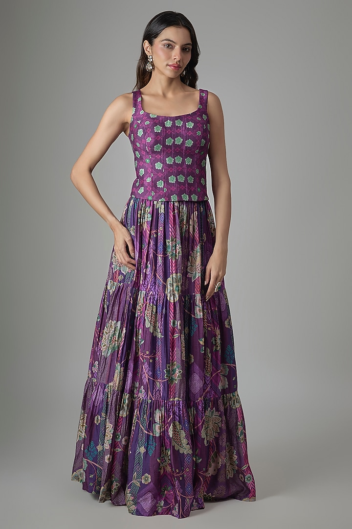 Purple Dupion Silk Phulkari Printed Lehenga Set by Drishti & Zahabia at Pernia's Pop Up Shop