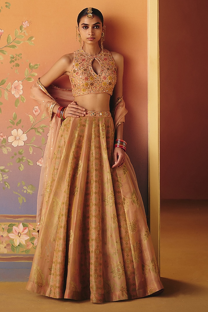 Blush Pink Shimmer Tissue Printed Wedding Lehenga Set by Drishti & Zahabia at Pernia's Pop Up Shop