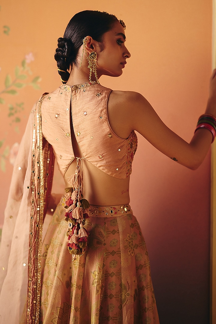 Blush Pink Shimmer Tissue Printed Wedding Lehenga Set by Drishti & Zahabia at Pernia's Pop Up Shop
