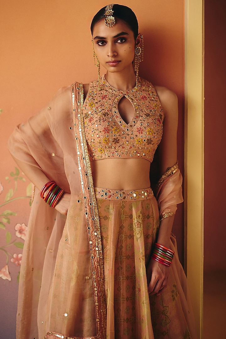 Blush Pink Shimmer Tissue Printed Wedding Lehenga Set by Drishti & Zahabia at Pernia's Pop Up Shop