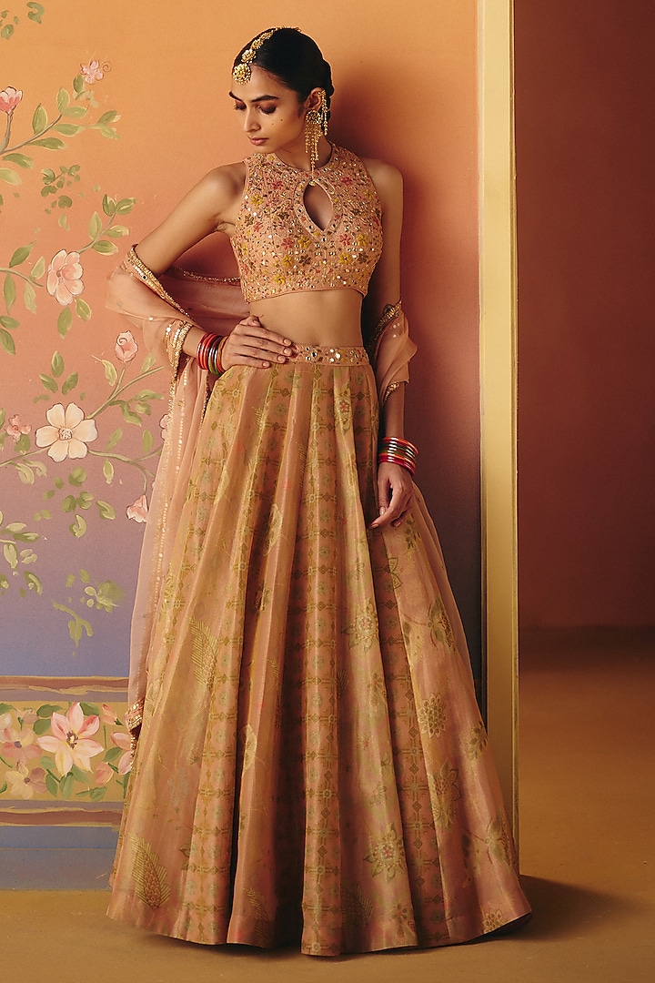 Blush Pink Shimmer Tissue Printed Wedding Lehenga Set by Drishti & Zahabia at Pernia's Pop Up Shop