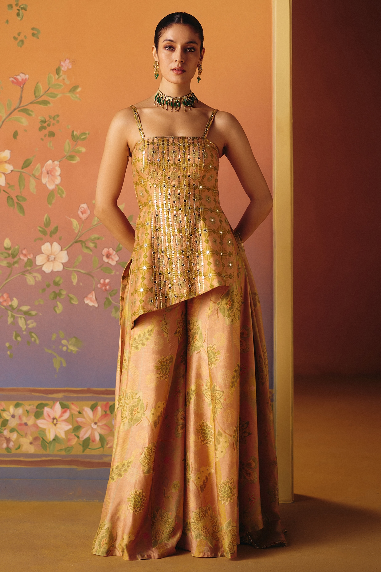 Drishti & Zahabia Blush Dupion Silk Hand Embroidered Asymmetrical Kurta Set