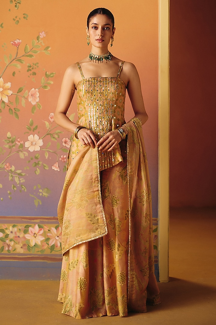 Blush Dupion Silk Hand Embroidered Asymmetrical Kurta Set by Drishti & Zahabia at Pernia's Pop Up Shop