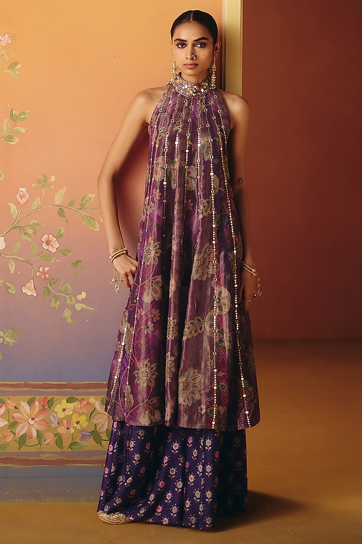 Purple Tissue & Dupion Silk Hand Embroidered Tunic Set by Drishti & Zahabia at Pernia's Pop Up Shop