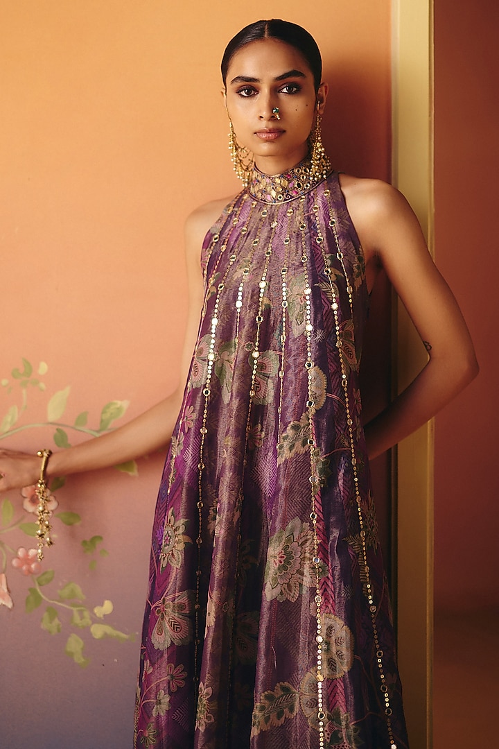 Purple Tissue & Dupion Silk Hand Embroidered Tunic Set by Drishti & Zahabia at Pernia's Pop Up Shop