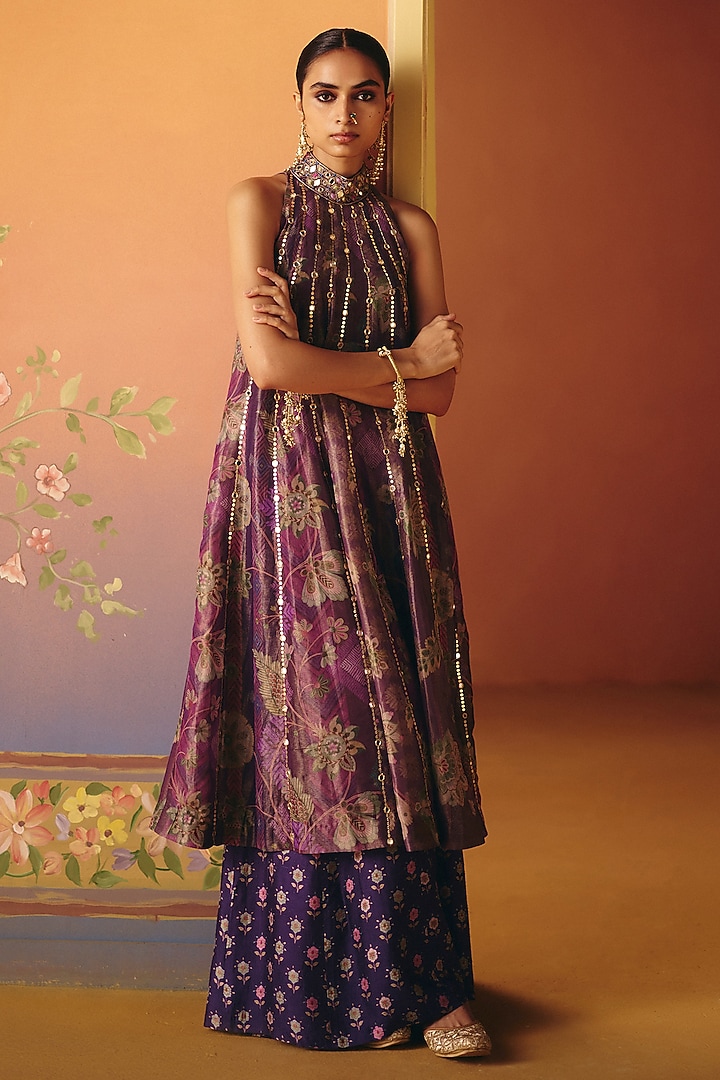 Purple Tissue & Dupion Silk Hand Embroidered Tunic Set by Drishti & Zahabia at Pernia's Pop Up Shop