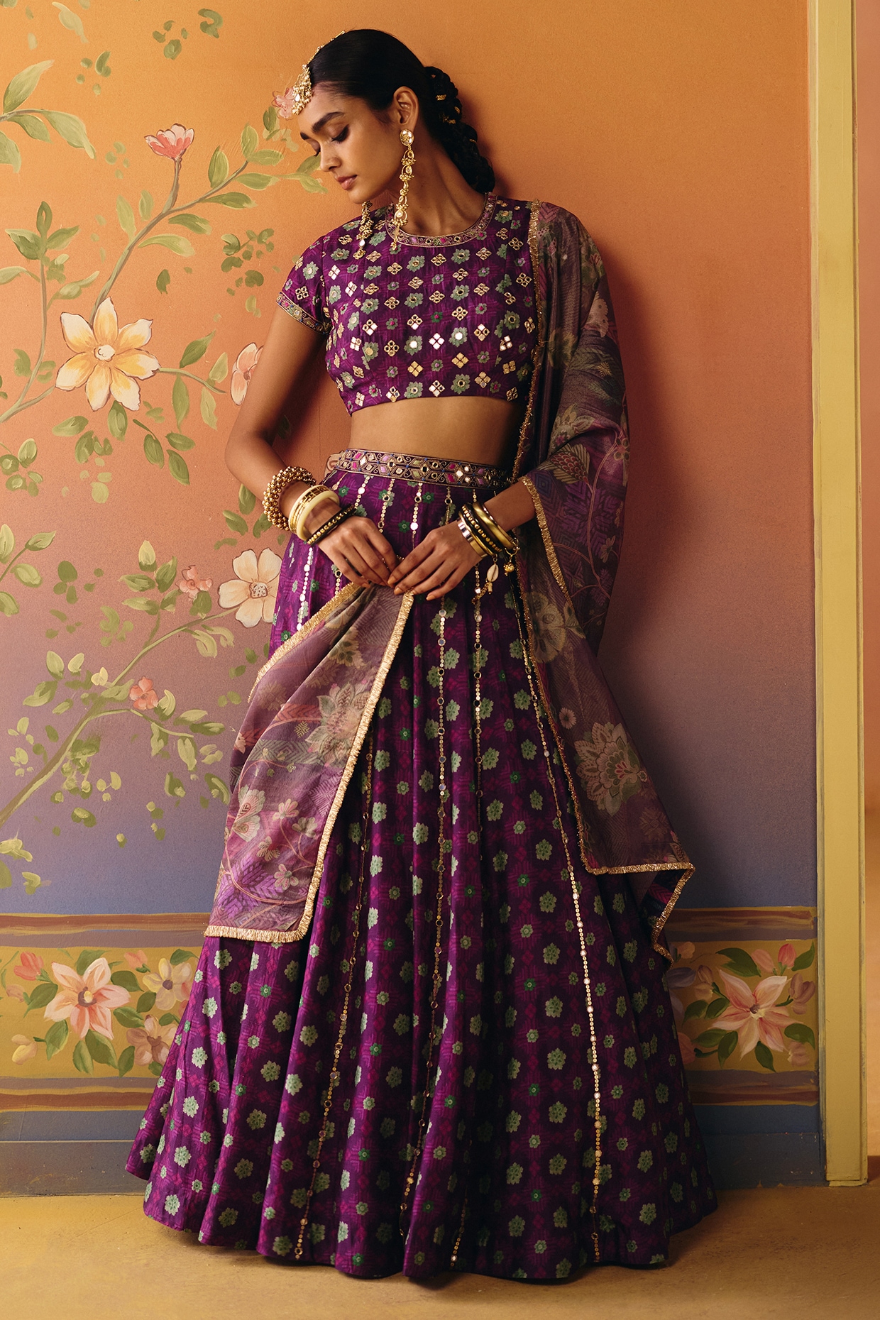 Drishti & Zahabia Purple Dupion Silk & Tissue Kalidar Lehenga Set