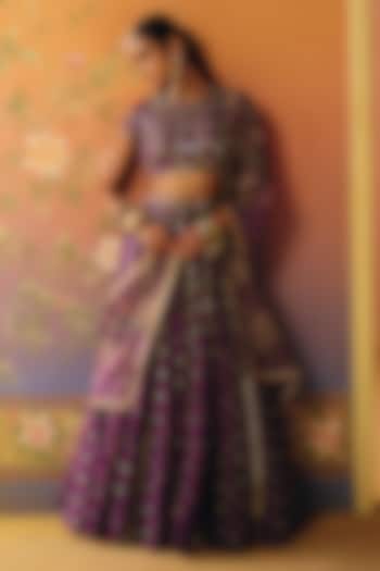 Purple Dupion Silk & Tissue Kalidar Wedding Lehenga Set by Drishti & Zahabia at Pernia's Pop Up Shop