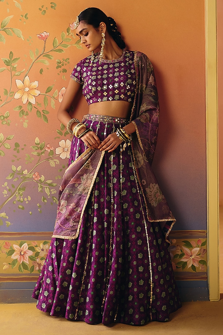 Purple Dupion Silk & Tissue Kalidar Wedding Lehenga Set by Drishti & Zahabia at Pernia's Pop Up Shop