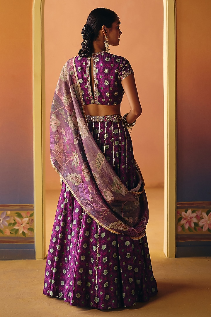 Purple Dupion Silk & Tissue Kalidar Wedding Lehenga Set by Drishti & Zahabia at Pernia's Pop Up Shop