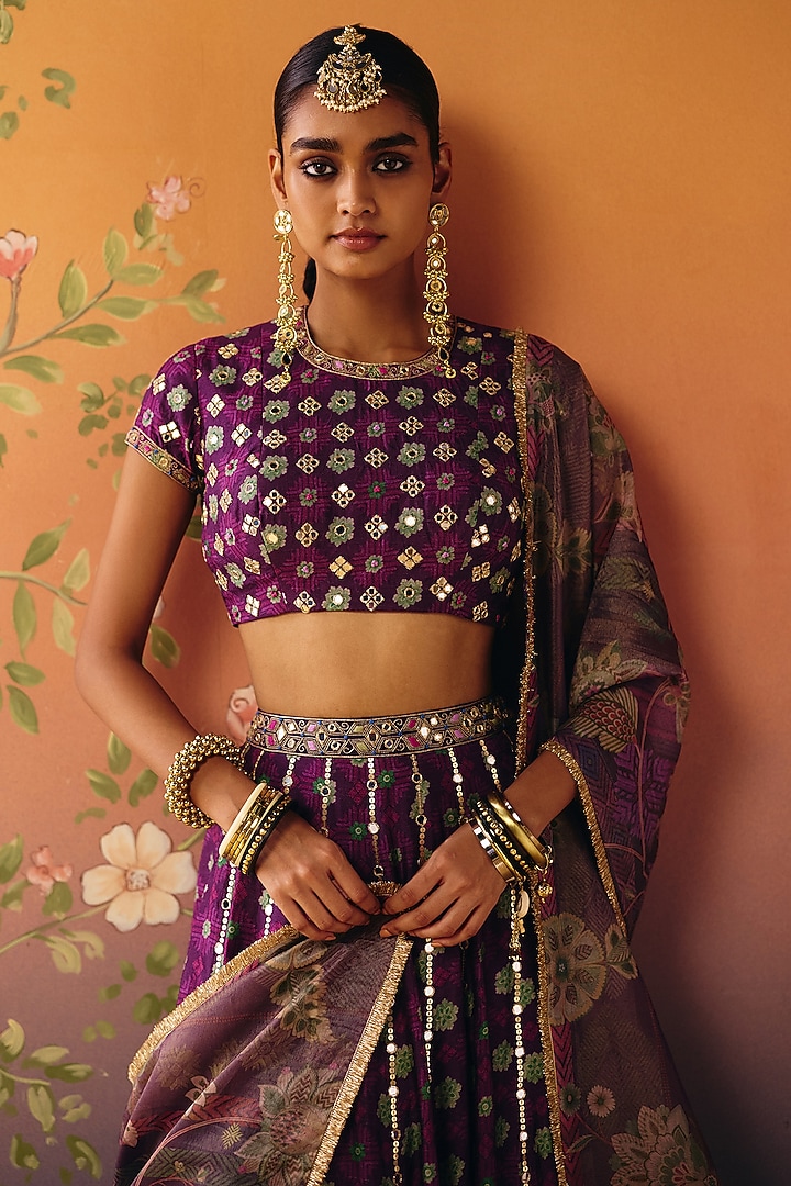 Purple Dupion Silk & Tissue Kalidar Wedding Lehenga Set by Drishti & Zahabia at Pernia's Pop Up Shop